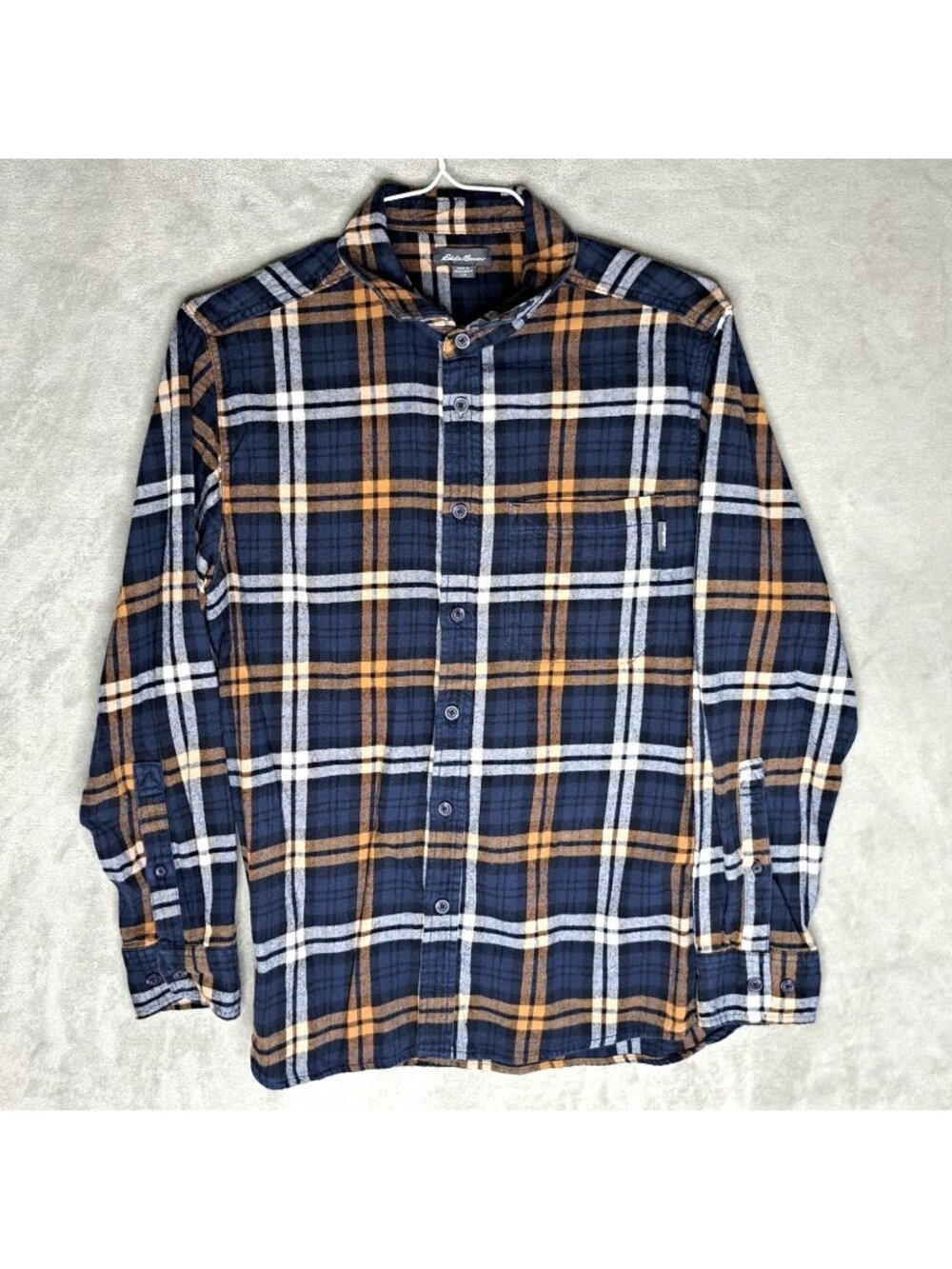 Eddie Bauer Men Cotton Flannel Long Sleeve Navy Blue Plaid Button-Up Shirt Large